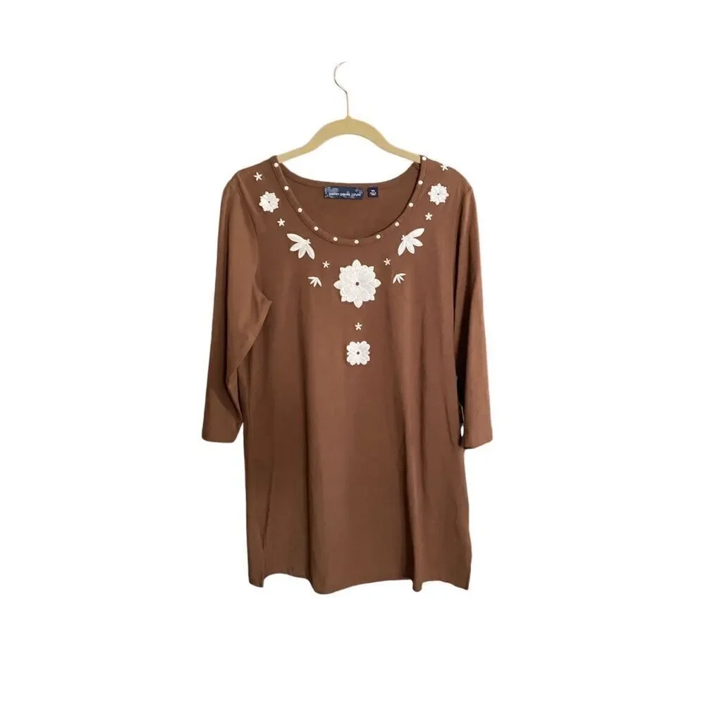 Susan graver liquid women’s brown embroidered floral tunic top size xs